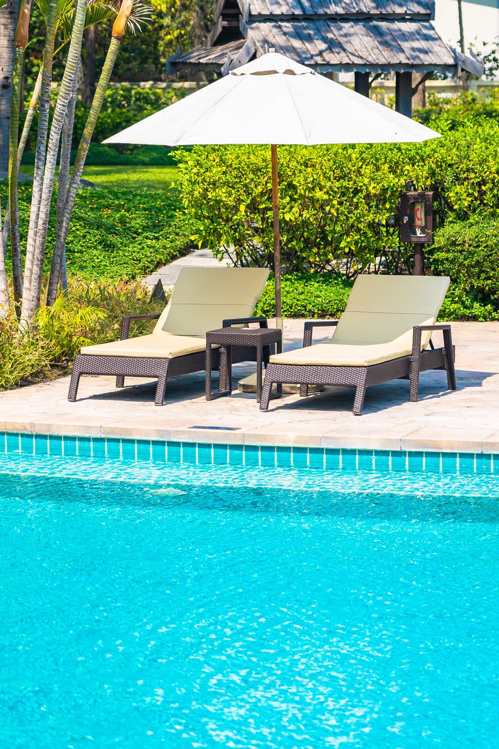 Lounge chairs under an umbrella by a sparkling blue pool surrounded by greenery.